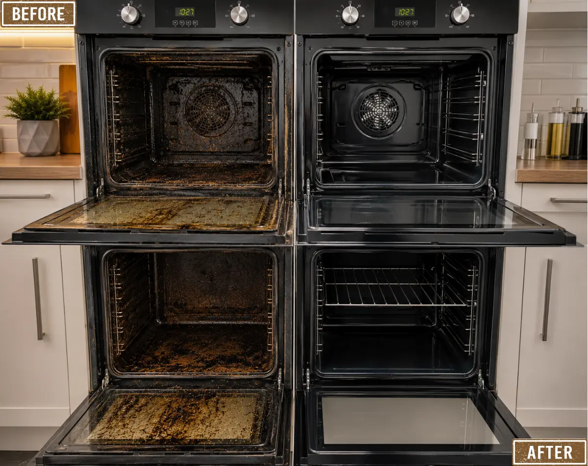 Double oven before and after professional dip-tank cleaning in Birmingham